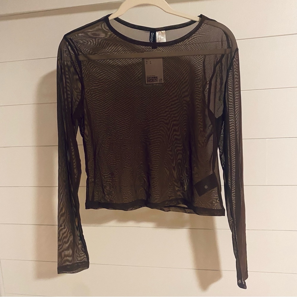 Brown mesh long sleeve crop top